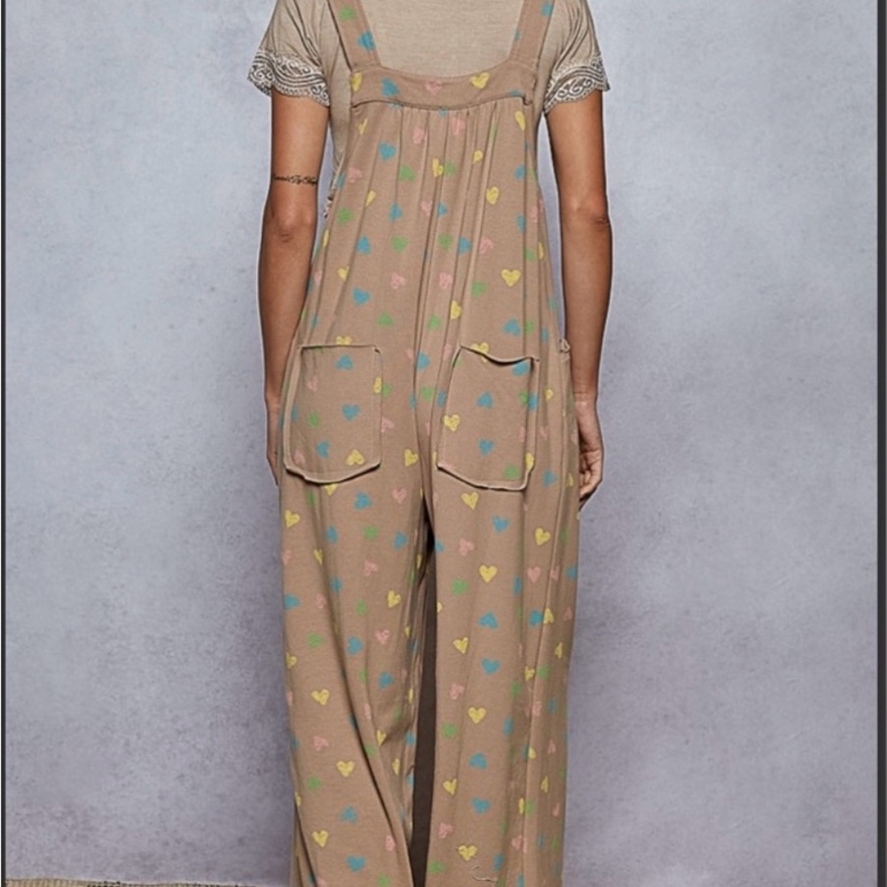 082 - POL Brown Overalls with Colorful Heart Pattern NWOT - Picture 3 of 4